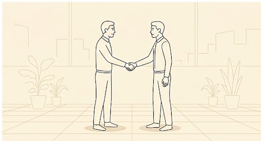 Blueprint-style wireframe illustration of two figures shaking hands, thin gold and pink linework