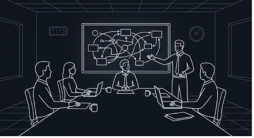 Blueprint-style wireframe illustration of a team of five people around a conference table, one gesturing at a wall screen with a tangled diagram, thin gold and pink linework on a dark background