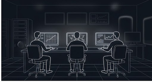 Blueprint-style wireframe illustration of two figures at monitor desks in a security operations room, thin gold and pink linework